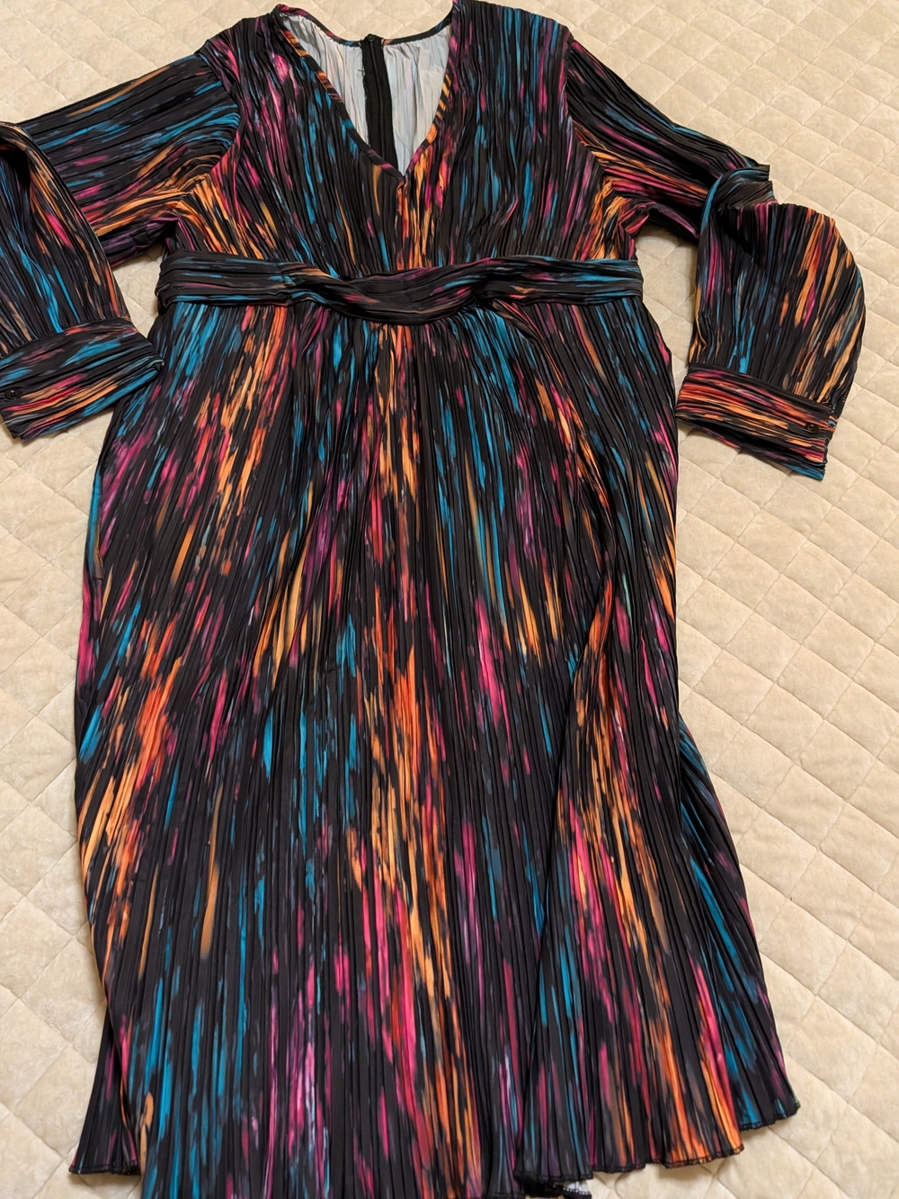 Source Unknown Black Midi Dress with Blue, Pink & Orange Streaks